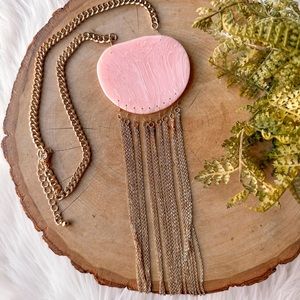 Pink Marble Stone Slab Slice Gold Chain Tassel Boho Pendant Statement Necklace